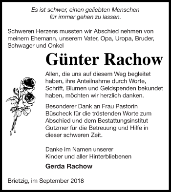 Traueranzeige von Günter Rachow von Pasewalker Zeitung