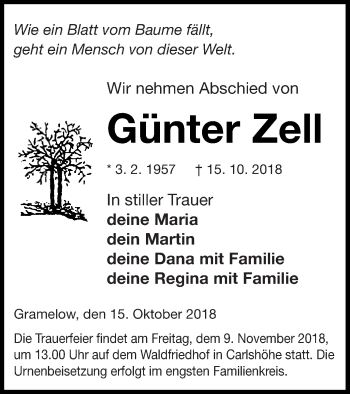 Traueranzeige von Günter Zell von Neubrandenburger Zeitung