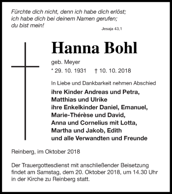 Traueranzeige von Hanna Bohl von Pasewalker Zeitung