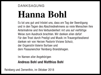 Traueranzeige von Hanna Bohl von Pasewalker Zeitung