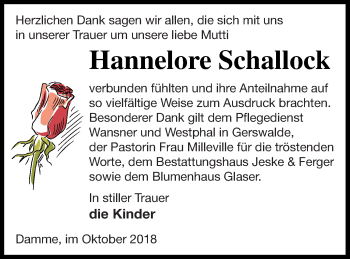 Traueranzeige von Hannelore Schallock von Prenzlauer Zeitung