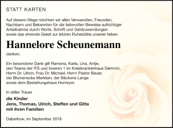 Traueranzeige von Hannelore Scheunemann von Vorpommern Kurier