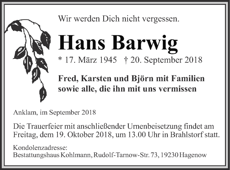  Traueranzeige für Hans Barwig vom 06.10.2018 aus Vorpommern Kurier