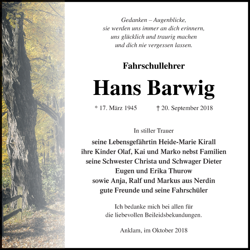  Traueranzeige für Hans Barwig vom 11.10.2018 aus Vorpommern Kurier