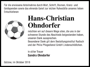 Traueranzeige von Hans-Christian Ohndorfer von Mecklenburger Schweiz