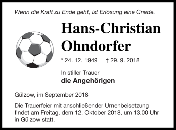 Traueranzeige von Hans-Christian Ohndorfer von Mecklenburger Schweiz