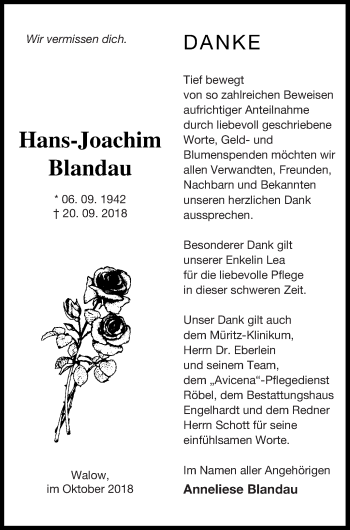 Traueranzeige von Hans-Joachim Blandau von Müritz-Zeitung