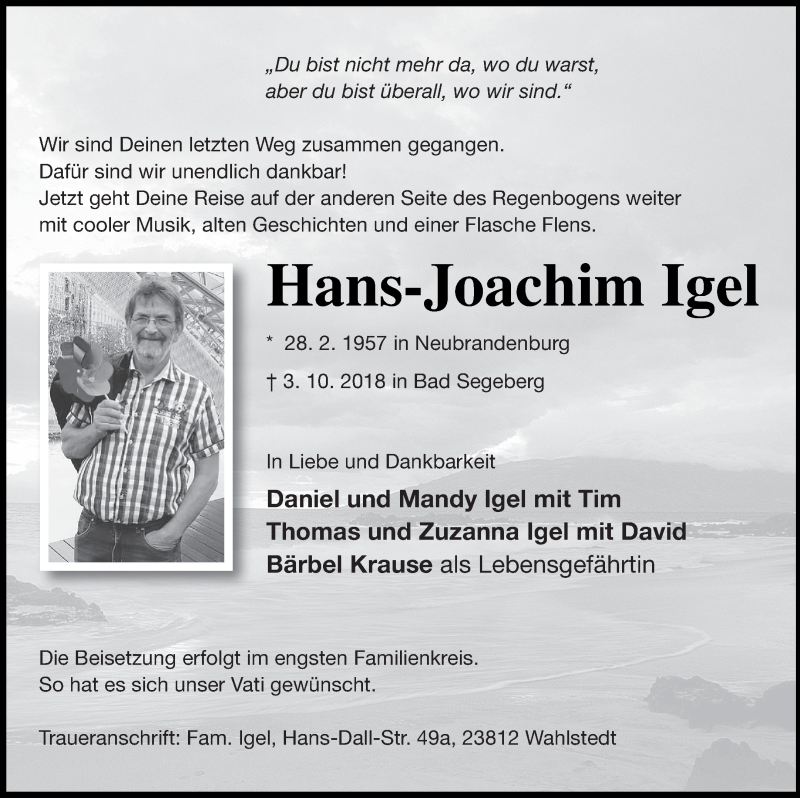  Traueranzeige für Hans-Joachim Igel vom 06.10.2018 aus Neubrandenburger Zeitung