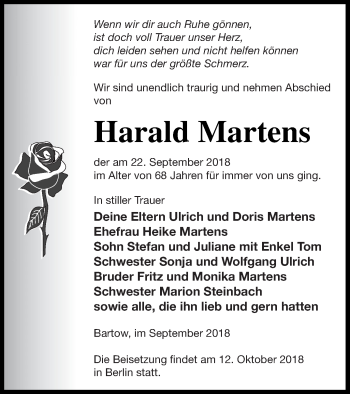 Traueranzeige von Harald Martens von Demminer Zeitung