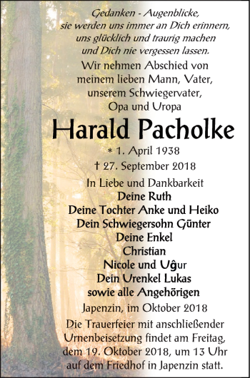 Traueranzeige von Harald Pacholke von Vorpommern Kurier