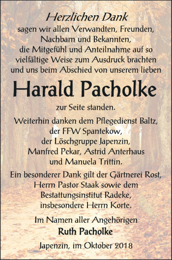 Traueranzeige von Harald Pacholke von Vorpommern Kurier