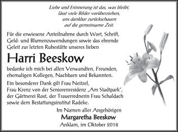 Traueranzeige von Harri Beeskow von Vorpommern Kurier