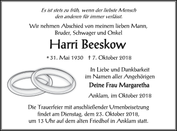 Traueranzeige von Harri Beeskow von Vorpommern Kurier