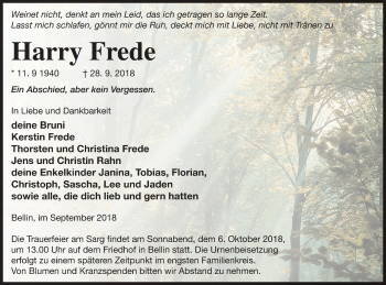 Traueranzeige von Harry Frede von Haff-Zeitung