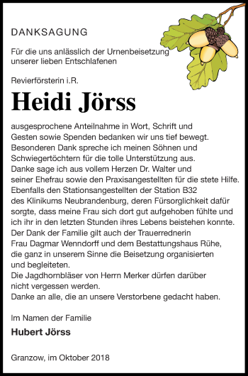 Traueranzeige von Heidi Jörss von Haff-Zeitung