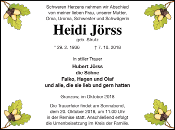 Traueranzeige von Heidi Jörss von Strelitzer Zeitung