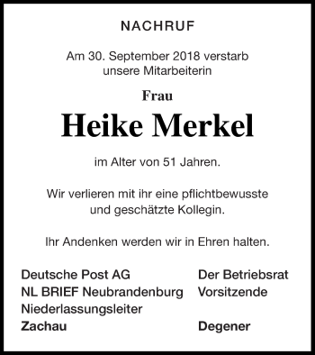 Traueranzeige von Heike Merkel von Uckermark Kombination