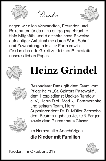 Traueranzeige von Heinz Grindel von Pasewalker Zeitung