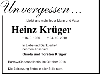 Traueranzeige von Heinz Krüger von Neubrandenburger Zeitung