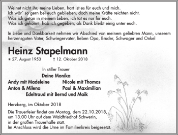 Traueranzeige von Heinz Stapelmann von Parchimer Zeitung