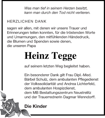 Traueranzeige von Heinz Tegge von Strelitzer Zeitung