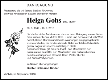 Traueranzeige von Helga Gohs von Vorpommern Kurier