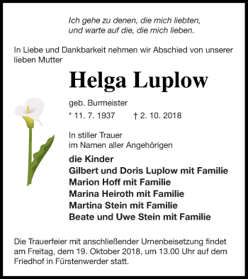 Traueranzeige von Helga Luplow von Prenzlauer Zeitung