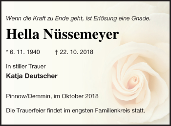 Traueranzeige von Hella Nüssemeyer von Demminer Zeitung