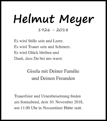 Traueranzeige von Helmut Meyer von Müritz-Zeitung