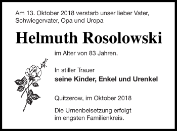 Traueranzeige von Helmuth Rosolowski von Demminer Zeitung