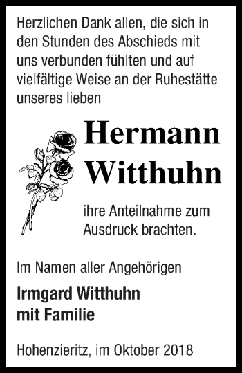 Traueranzeige von Hermann Witthuhn von Strelitzer Zeitung