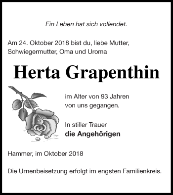 Traueranzeige von Herta Grapenthin von Haff-Zeitung