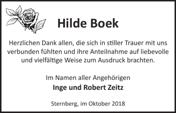 Traueranzeige von Hilde Boek von Anzeiger für Sternberg - Brüel - Warin