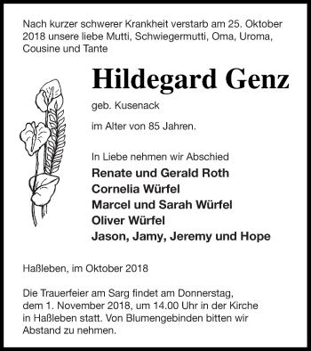 Traueranzeige von Hildegard Genz von Templiner Zeitung