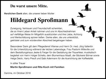 Traueranzeige von Hildegard Sproßmann von Prenzlauer Zeitung