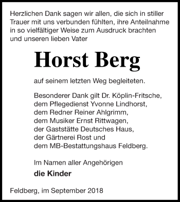 Traueranzeige von Horst Berg von Haff-Zeitung