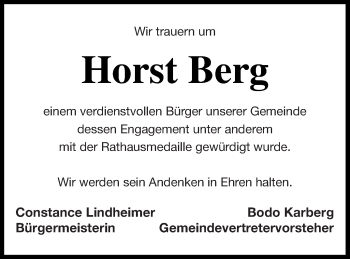 Traueranzeige von Horst Berg von Strelitzer Zeitung