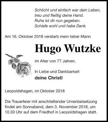 Traueranzeige von Hugo Wutzke von Haff-Zeitung