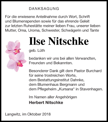 Traueranzeige von Ilse Nitschke von Mecklenburger Schweiz