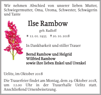 Traueranzeige von Ilse Rambow von Zeitung für die Landeshauptstadt