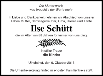 Traueranzeige von Ilse Schütt von Strelitzer Zeitung