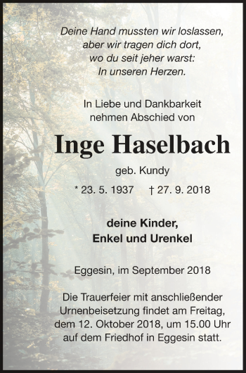Traueranzeige von Inge Haselbach von Haff-Zeitung