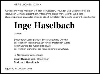 Traueranzeige von Inge Haselbach von Haff-Zeitung
