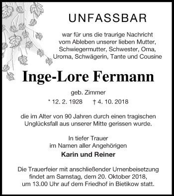 Traueranzeige von Inge-Lore Fermann von Prenzlauer Zeitung