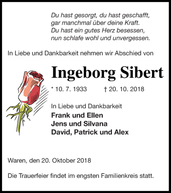 Traueranzeige von Ingeborg Sibert von Müritz-Zeitung