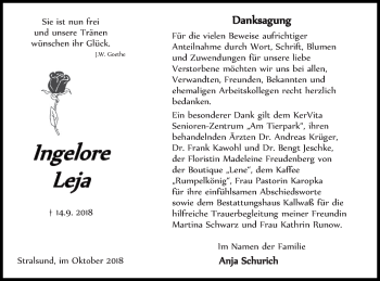 Traueranzeige von Ingelore Leja von Pasewalker Zeitung