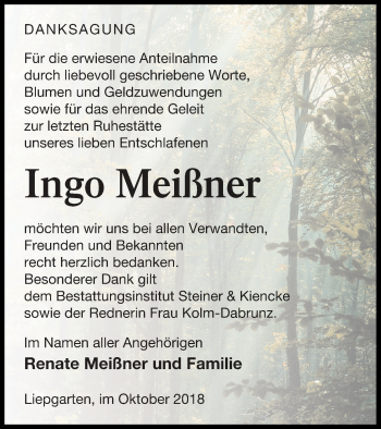 Traueranzeige von Ingo Meißner von Haff-Zeitung