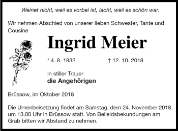 Traueranzeige von Ingrid Meier von Prenzlauer Zeitung