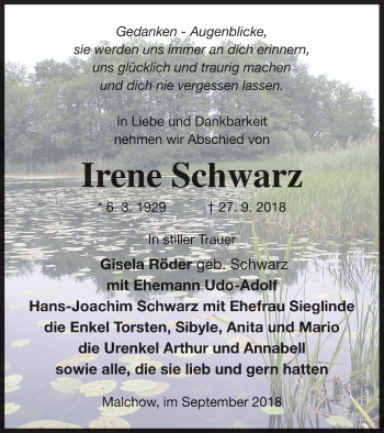 Traueranzeige von Irene Schwarz von Müritz-Zeitung