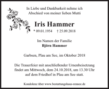 Traueranzeige von Iris Hammer von Zeitung für Lübz - Goldberg - Plau